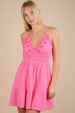 Halter Neck Embroidered Cotton Gauze Mini Dress - Blue Or Pink