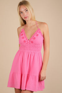 Halter Neck Embroidered Cotton Gauze Mini Dress - Blue Or Pink