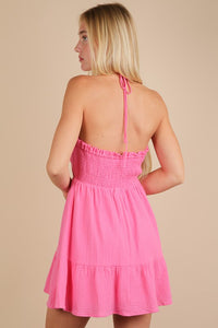 Halter Neck Embroidered Cotton Gauze Mini Dress - Blue Or Pink