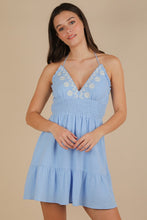 Halter Neck Embroidered Cotton Gauze Mini Dress - Blue Or Pink