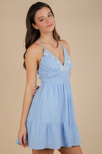 Halter Neck Embroidered Cotton Gauze Mini Dress - Blue Or Pink