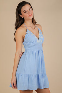 Halter Neck Embroidered Cotton Gauze Mini Dress - Blue Or Pink