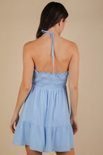 Halter Neck Embroidered Cotton Gauze Mini Dress - Blue Or Pink