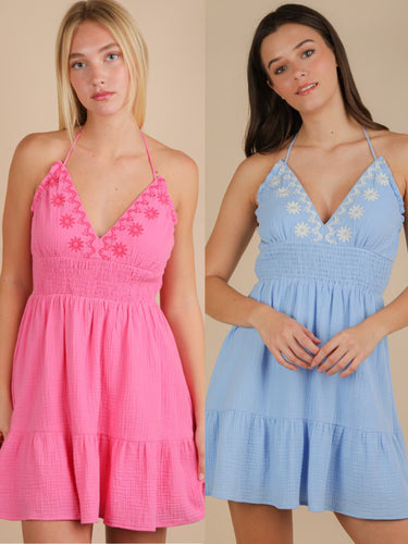 Halter Neck Embroidered Cotton Gauze Mini Dress - Blue Or Pink