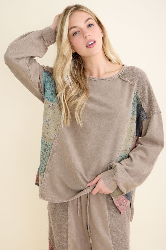 Mineral Washed Boho Bandana Patched Sweatshirt - Charcoal
