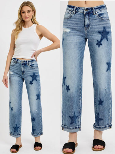 Risen Mid Rise Boyfriend Star Shadow Detail Cuffed Jeans