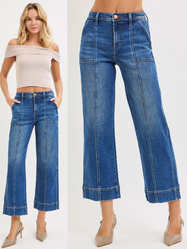 Risen High Rise Crop Straight Front Seam Detailed Jeans - Dark