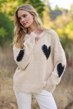 Long Sleeve Heart Patch Knit Sweater - Oatmeal