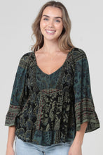 V Neck Smocked Bodice Bell Sleeve Top - Black/Olive
