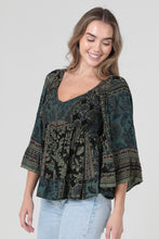 V Neck Smocked Bodice Bell Sleeve Top - Black/Olive