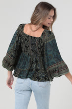 V Neck Smocked Bodice Bell Sleeve Top - Black/Olive