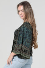 V Neck Smocked Bodice Bell Sleeve Top - Black/Olive