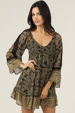 Chiffon V Neck Smocked Bust Lace Trim Bell Sleeve