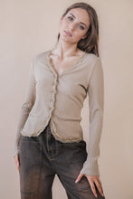 Button Down Lace Trim Fitted Knit Top - Wine, Taupe, or Black