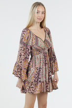 V Neck Wide Bell Sleeve Short Dress - Espresso