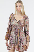 V Neck Wide Bell Sleeve Short Dress - Espresso