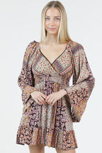V Neck Wide Bell Sleeve Short Dress - Espresso