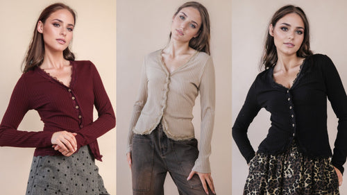 Button Down Lace Trim Fitted Knit Top - Wine, Taupe, or Black