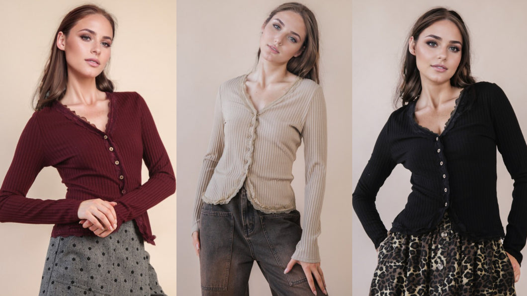 Button Down Lace Trim Fitted Knit Top - Wine, Taupe, or Black