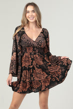 Wide Sleeve V Neck Smocked Waist Short Dress - Black/Rust