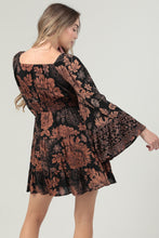 Wide Sleeve V Neck Smocked Waist Short Dress - Black/Rust