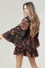 Wide Sleeve V Neck Smocked Waist Short Dress - Black/Rust