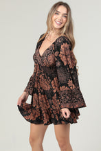 Wide Sleeve V Neck Smocked Waist Short Dress - Black/Rust