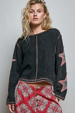 Double POL Gauze Color Blocked Star Patch Solid Thermal Knit Top - Washed Black