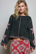Double POL Gauze Color Blocked Star Patch Solid Thermal Knit Top - Washed Black