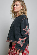 Double POL Gauze Color Blocked Star Patch Solid Thermal Knit Top - Washed Black