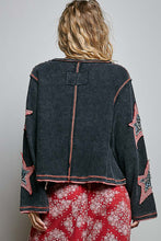 Double POL Gauze Color Blocked Star Patch Solid Thermal Knit Top - Washed Black