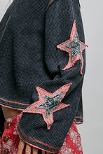 Double POL Gauze Color Blocked Star Patch Solid Thermal Knit Top - Washed Black