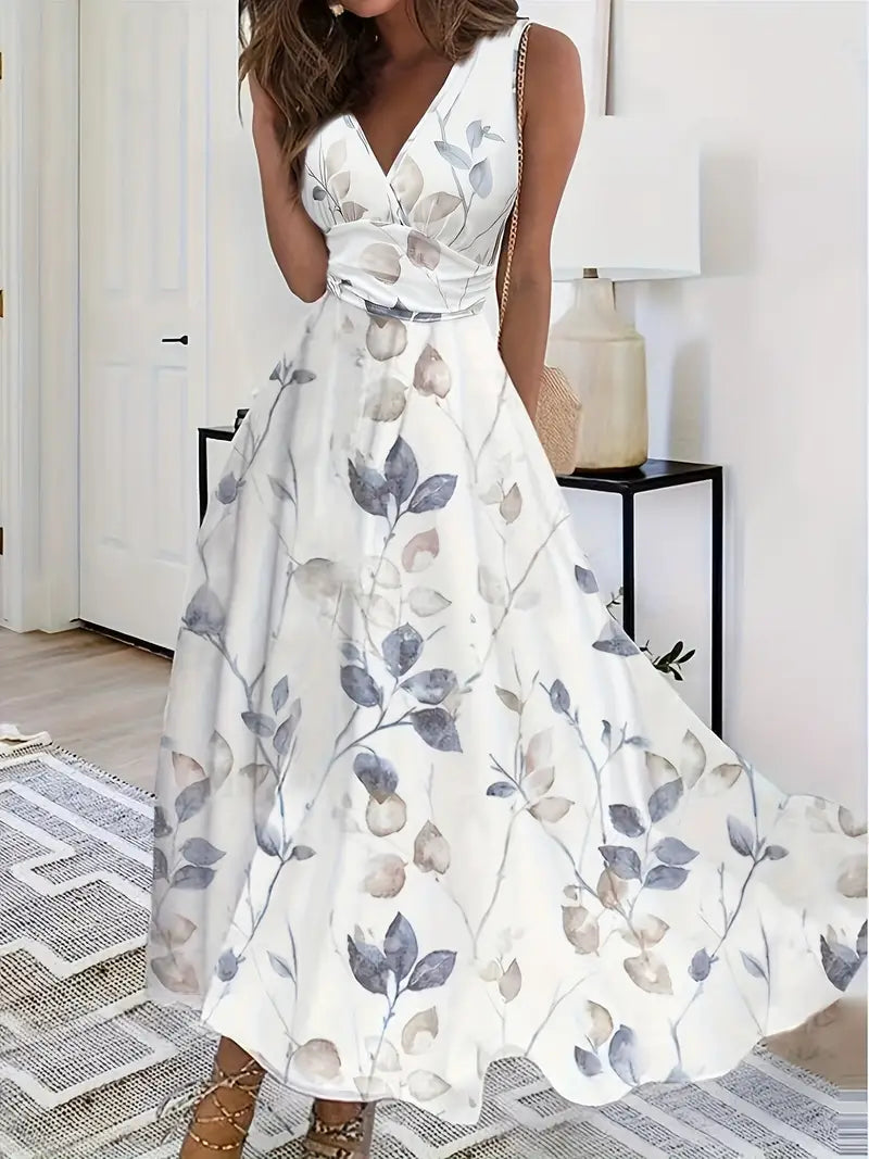 Floral V-neck Tank Dress - White