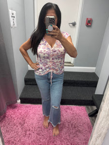 Mystree Front String Detailed Printed Mesh Top - Cream Mix