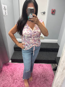 Mystree Front String Detailed Printed Mesh Top - Cream Mix