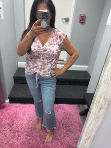 Mystree Front String Detailed Printed Mesh Top - Cream Mix