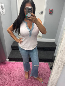 Mystree Washed Thermal Sleeveless Henley Top - Black, Grey,  BluePurple or Cream