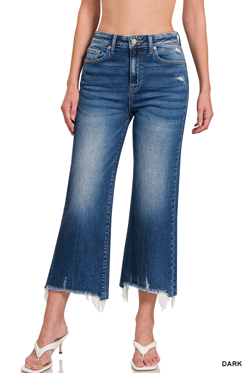 ZENANA MID RISE STRAIGHT RAW HEM DENIM PANTS
