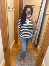 SPLIT NECK STRIPE SHORT SLEEVE SWEATER - NAVY
