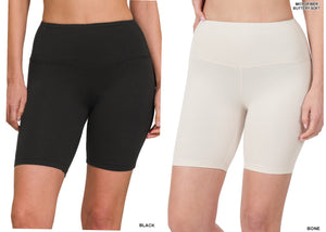 ZENANA BRUSHED WIDE WAISTBAND BIKER SHORTS - BLACK OR BONE