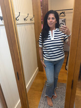 SPLIT NECK STRIPE SHORT SLEEVE SWEATER - NAVY