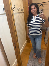 SPLIT NECK STRIPE SHORT SLEEVE SWEATER - NAVY