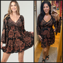 Wide Sleeve V Neck Smocked Waist Short Dress - Black/Rust
