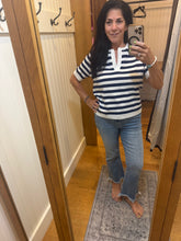 SPLIT NECK STRIPE SHORT SLEEVE SWEATER - NAVY