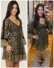 Chiffon V Neck Smocked Bust Lace Trim Bell Sleeve