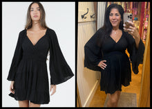 V Neck Wide Bell Sleeve Short Dress - Black