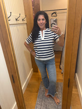 SPLIT NECK STRIPE SHORT SLEEVE SWEATER - NAVY