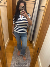 SPLIT NECK STRIPE SHORT SLEEVE SWEATER - NAVY