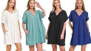 DOUBLE GAUZE RAW EDGE V-NECK DRESS - ASSORTED COLORS