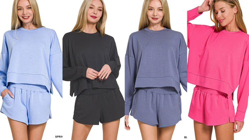 ZENANA SCUBA LONG SLEEVE SWEATSHIRTS & SHORTS SET - ASSORTED COLORS